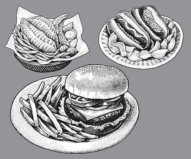 Vector illustration of Fast Food, Hamburger, Hot Dog, Fish and Chips