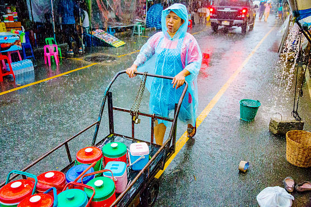 worker pushing a cart in chatuchak - indigenous culture famous place thailand bangkok imagens e fotografias de stock
