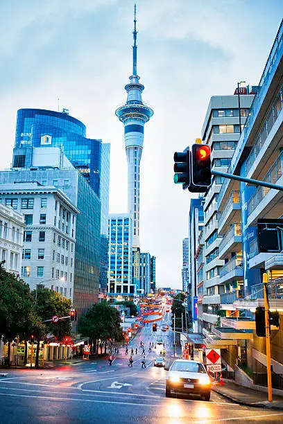 Sky tower along the skyline of downtown Auckland, New Zealand.