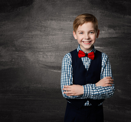 School Boy Child, Fashion Student Kid Smiling over Blackboard