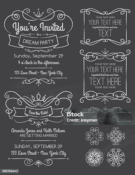 Chalkboard Swirl Invitations And Elements Stock Illustration - Download Image Now - Embellishment, Vector, Chalk Drawing