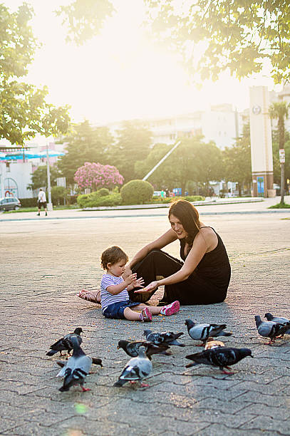glückliche familie fütterung vögel - cereal bar stock-fotos und bilder