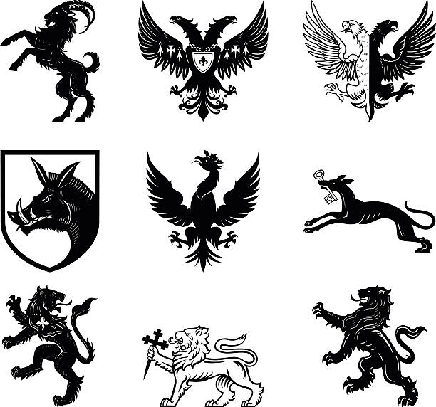 Heraldry designs Set of 9 heraldry designs, animals, design elements animals crest stock illustrations