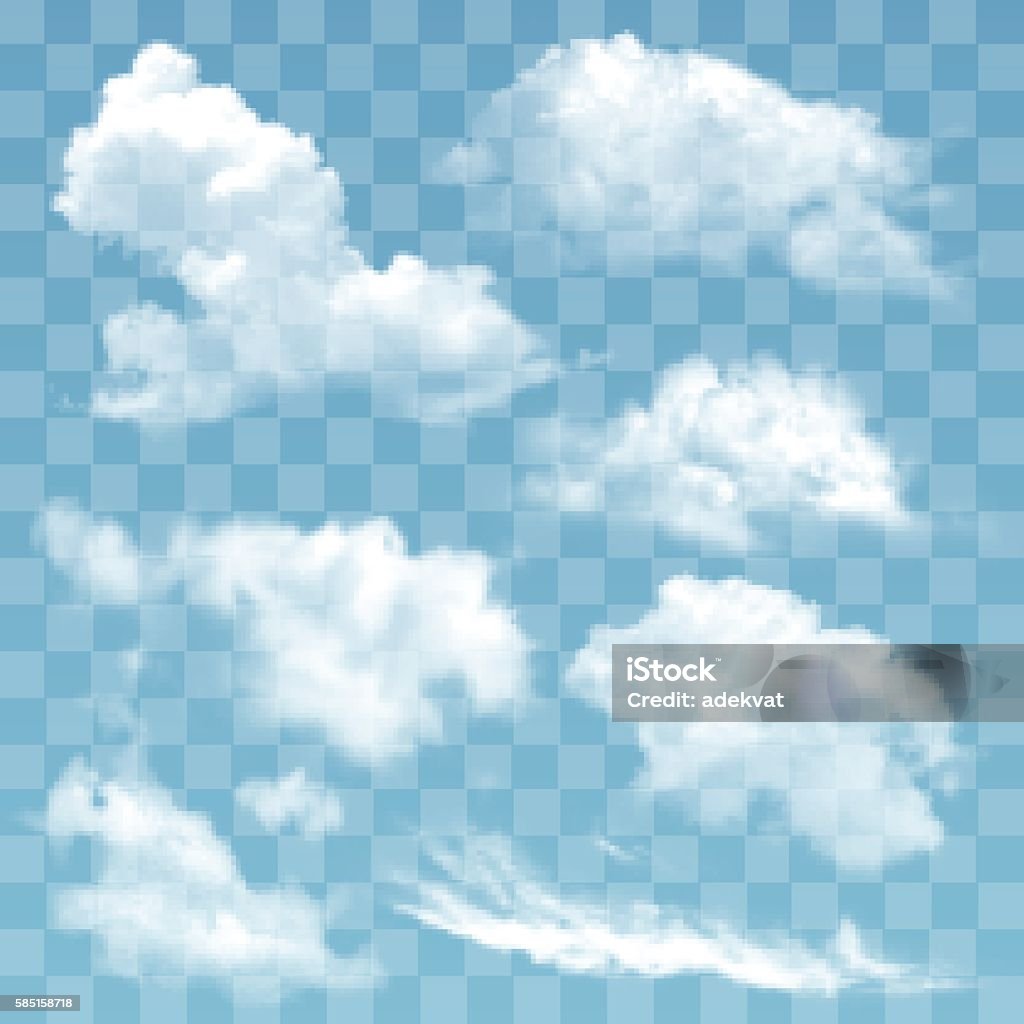 Set of transparent different clouds vector illustration. Set of transparent different clouds vector illustration. Air weather nature cloud isolated. Summer nature sky design climate smoke cloud isolated atmospheric environment cumulus meteorology sign. Cloud - Sky stock vector