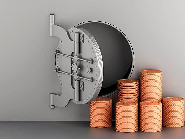 3d metallic banktresor mit geöffneter tür und münzen. - coin bank cash box safety deposit box lock stock-fotos und bilder