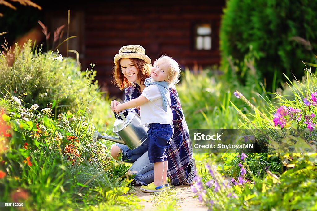 Toddler boy and his mother watering plants in the garden Cute toddler boy and his young mother watering plants in the garden at summer sunny day Yard - Grounds Stock Photo