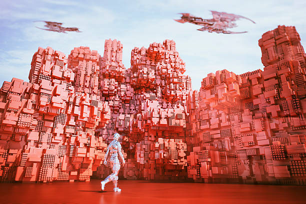 istock Astronaut walking in futuristic alien city 585162214