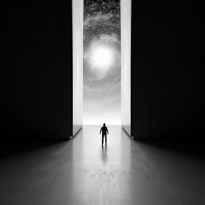 Man walking through interdimensional passage.