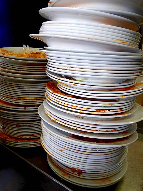 istock Pile of dirty dinner plates 585163188