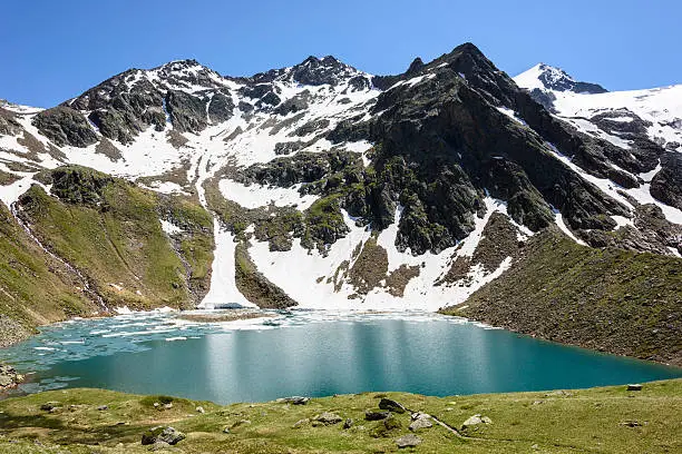 The lake Grünausee (2,328 m) and the mountain Wilder Freiger (3,418 m) in the background right, located in the Stubai Alps (European Alps, Tyrol, Austria).