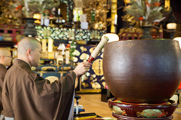 Japanese monks praying and chanting in a Buddhist Temple
