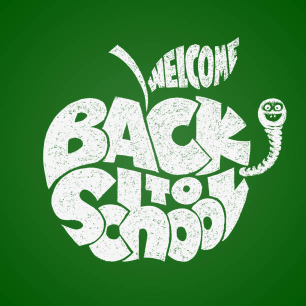 Back to school. Chalk lettering inscribed in the apple shape Back to school. Chalk lettering inscribed in the outline of an apple. Eps8. RGB. Global colors green apple on green background stock illustrations