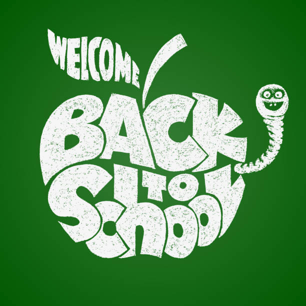 Back to school. Chalk lettering inscribed in the apple shape Back to school. Chalk lettering inscribed in the outline of an apple. Eps8. RGB. Global colors green apple on green background stock illustrations
