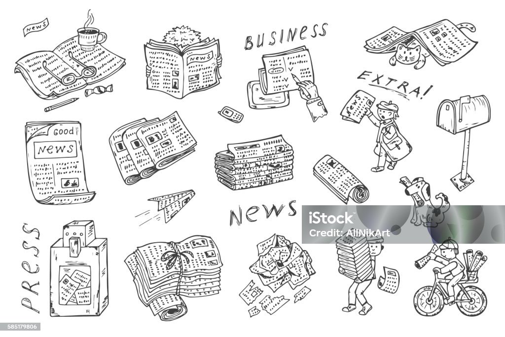 Newspaper vector set: newspapers, postman, paperboys, newspaper vending machine, mailbox Newspaper vector icons. Newspapers set: stacks and rolls of newspapers, postman, paperboys, pets with newspapers, newspaper vending machine, mailbox - Hand Drawn Doodles illustration Newspaper stock vector