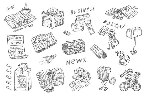 Vector illustration of Newspaper vector set: newspapers, postman, paperboys, newspaper vending machine, mailbox