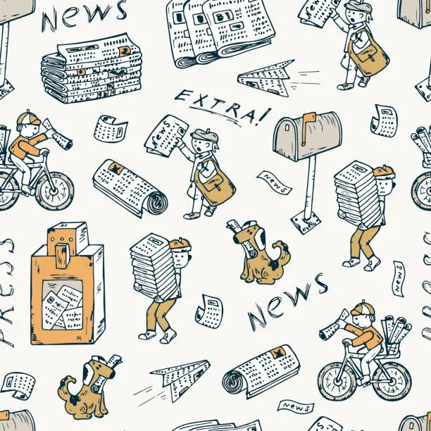 Vector illustration of Press. Newspapers. Seamless pattern: postman, paperboys, newspaper vending machine, mailbox