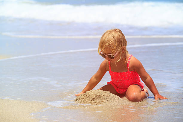 istock little girl play with sand on beach 585183302