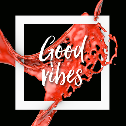 text on a red paint splash on a black background and a white border frame