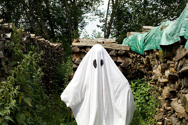 istock white ghost in front of wood stacked 585184858