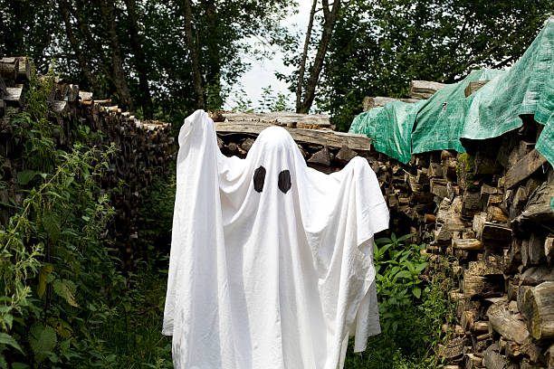 istock white ghost in front of wood stacked 585185114