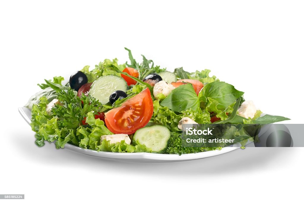 Salad Individual side serving of delicious fresh Greek salad with feta cheese, olives, tomatoes and salad greens Appetizer Stock Photo