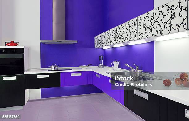 Luxurious New Blue Kitchen With Modern Appliances Stock Photo - Download Image Now - Apartment, Appliance, Architecture