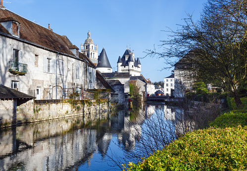The River Indres flowing through Loches, France. Spring city view.