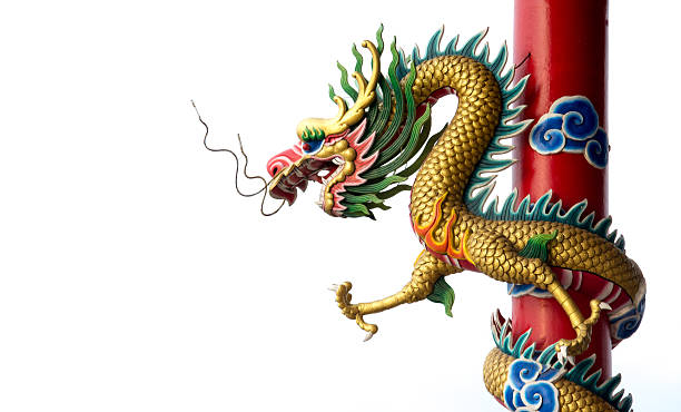 istock Twin Golden Chinese Dragon Wrapped around red pole 585192432
