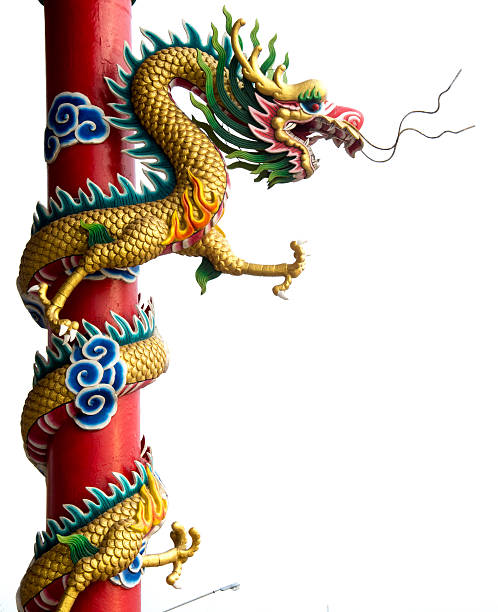 istock Twin Golden Chinese Dragon Wrapped around red pole 585192570