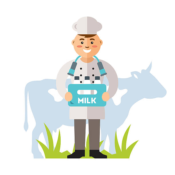 ilustraciones, imágenes clip art, dibujos animados e iconos de stock de vector happy milkman. ilustración de dibujos animados de colores de estilo plano - milkman