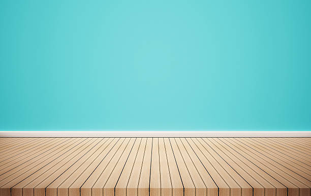istock Oak wood floor with cyan blue wall 585284148