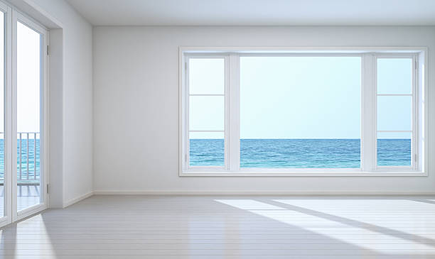habitación vacía vista al mar con trazado de recorte para el fondo - apartment architecture contemporary beach fotografías e imágenes de stock