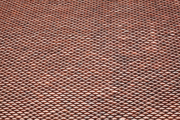 Tiled roof of old Vietnamese temple showing a pattern.