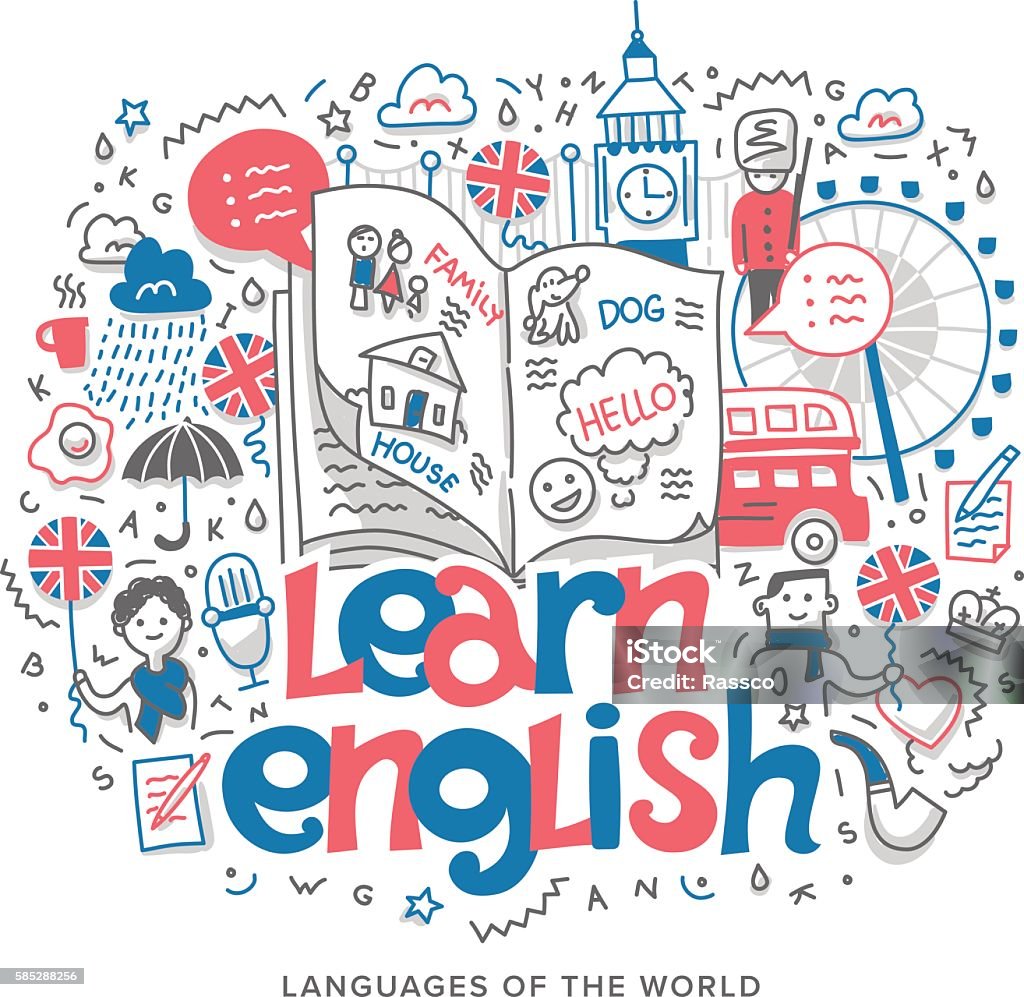 Learn English Concept Illustration Doodle vector concept illustration of learning English language, getting education in England England stock vector