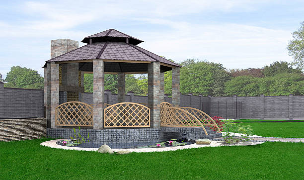 istock Koi pond and gazebo exterior, 3d rendering 585288584