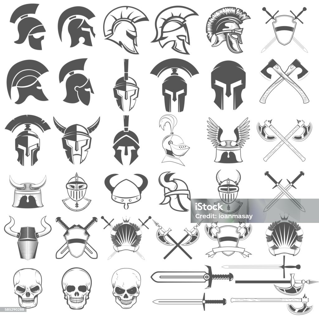 Conjunto de armas antiguas, cascos, espadas y elementos de diseño. - arte vectorial de Caballero libre de derechos