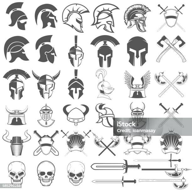 Ilustración de Conjunto De Armas Antiguas Cascos Espadas Y Elementos De Diseño y más Vectores Libres de Derechos de Caballero