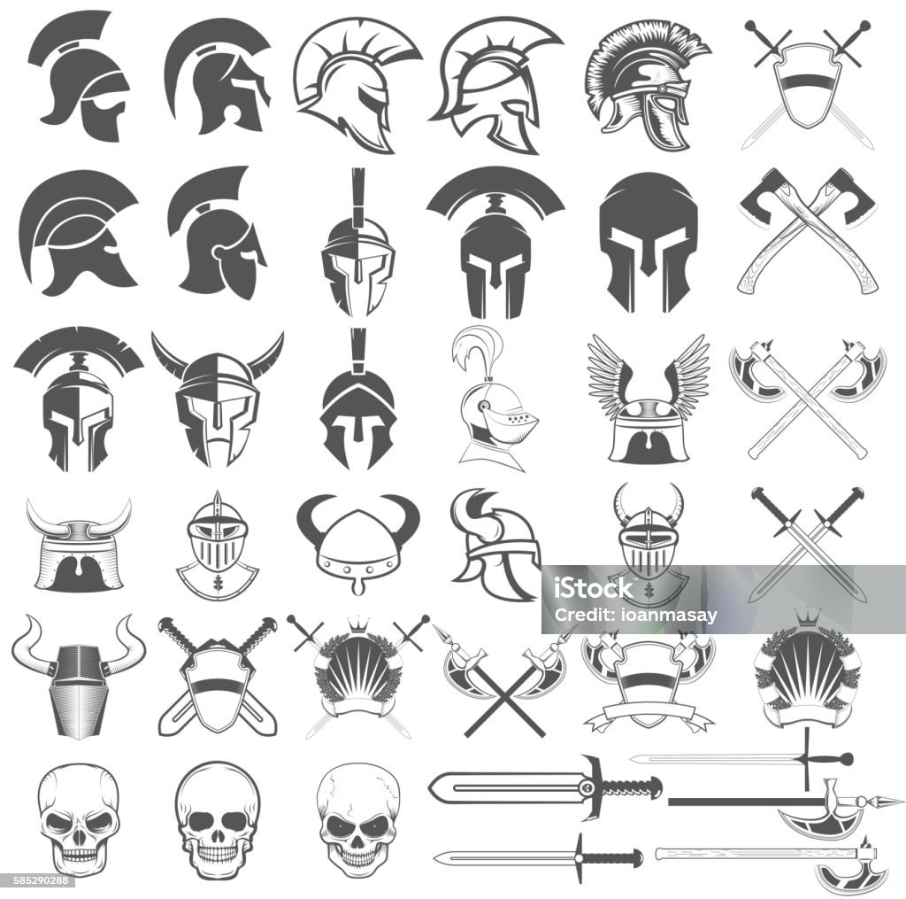 Set of ancient weapon, helmets, swords and design elements. Set of ancient weapon, helmets, swords and design elements. Design elements for  label, emblem, sign, badge .Vector illustration. Knight - Person stock vector