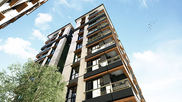 3D render of 3 buildings exterior 3D render of 3 buildings exterior, there 11 floors and 124 apartments. high rise buildings stock pictures, royalty-free photos & images