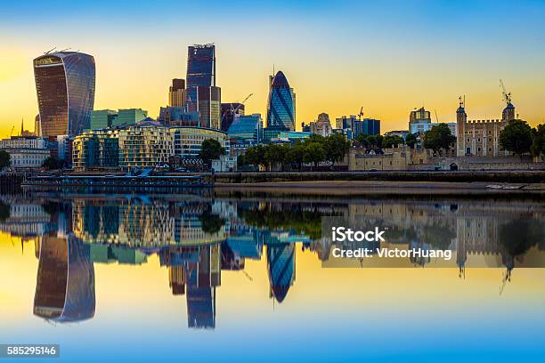 London Cityscape At Sunset With Reflection Stock Photo - Download Image Now - Blue, Leadenhall Market, London - England