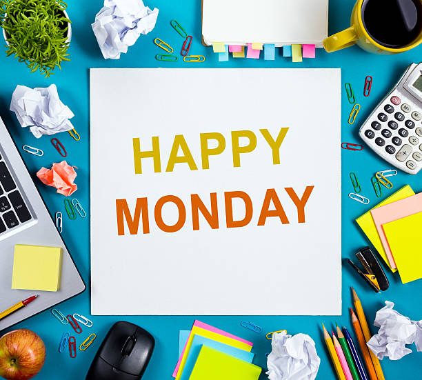 istock Happy Monday. Office table desk with supplies, white blank note 585298088