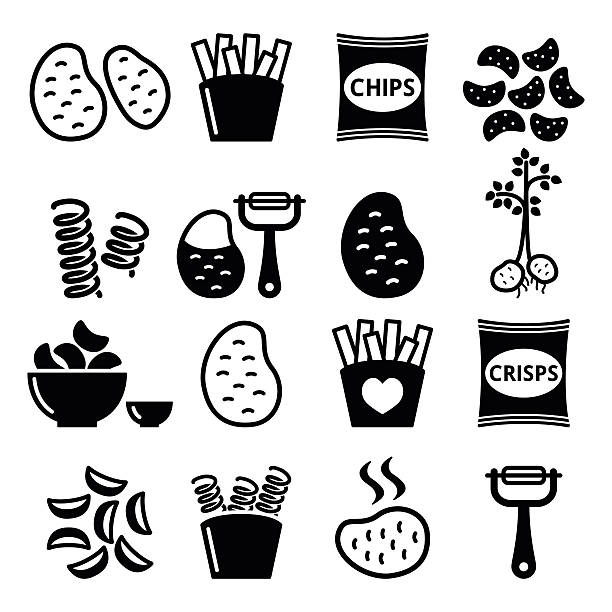 Potato, French fries, crisps, chips vector icons set Food, meal icons set - potatoes design isolated on white  curly fries stock illustrations