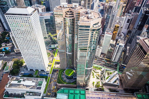 High angle view of skyscrapers in Hong Kong.