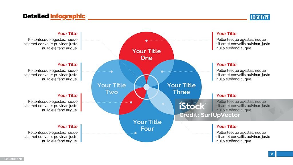 Four Sides Venn Diagram Slide Template Venn diagram slide template. Business data. Graph, chart, design. Creative concept for infographic, templates, presentation, report. Can be used for topics like analysis, planning, management. Four Objects stock vector