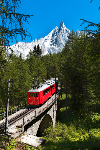 Train from Chamonix to Montenvers with Les Drus mountain behind.