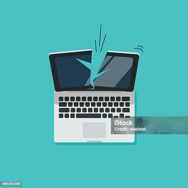 Computer Damage Cartoon Image Crashed Laptop Vector Illustration Isolated Broken Computer Flat ...