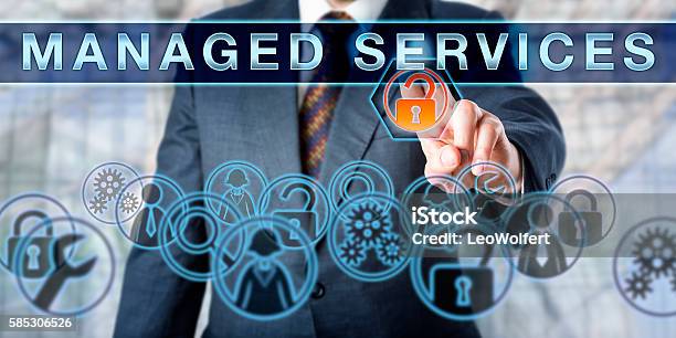 Corporate Manager Pushing Managed Services Stock Photo - Download Image Now - Technology, Support, Service