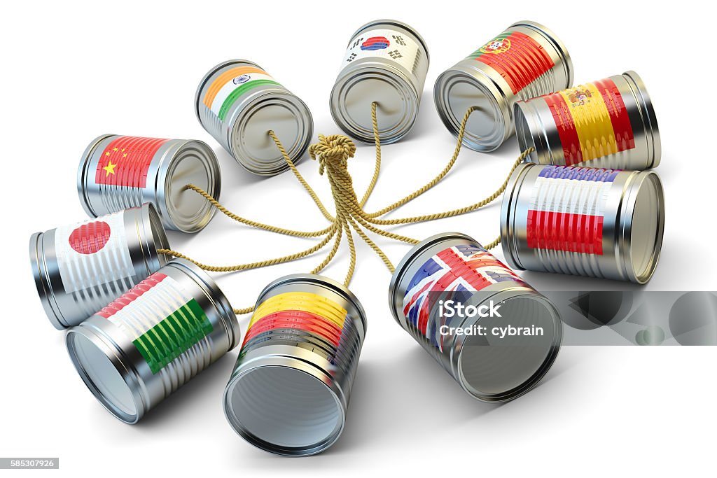 Global communication, international messaging and translation concept Tin can phones with flags of world countries connected by rope, isolated on white background Translation Stock Photo