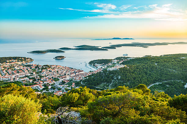 Hvar town on Hvar island, Croatia Hvar town on Hvar island with Pakleni islands, Dalmatia, Croatia at sunset. Taken by Sony a7R II, 42 Mpix. hvar photos stock pictures, royalty-free photos & images