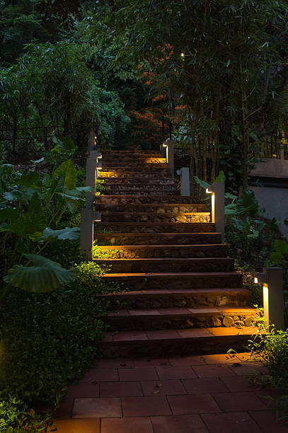 istock Light on stairs at dusk in garden. 585311686